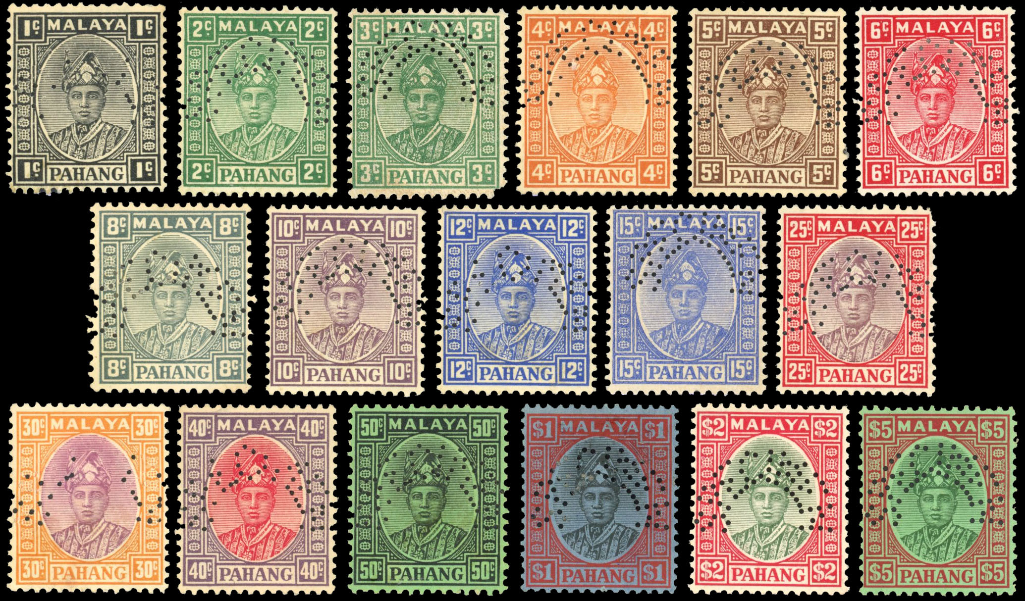 Malaya - Pahang 1935-41 set less 8c scarlet, perforated SPECIMEN, SG 29s-35s, 37s-46s.