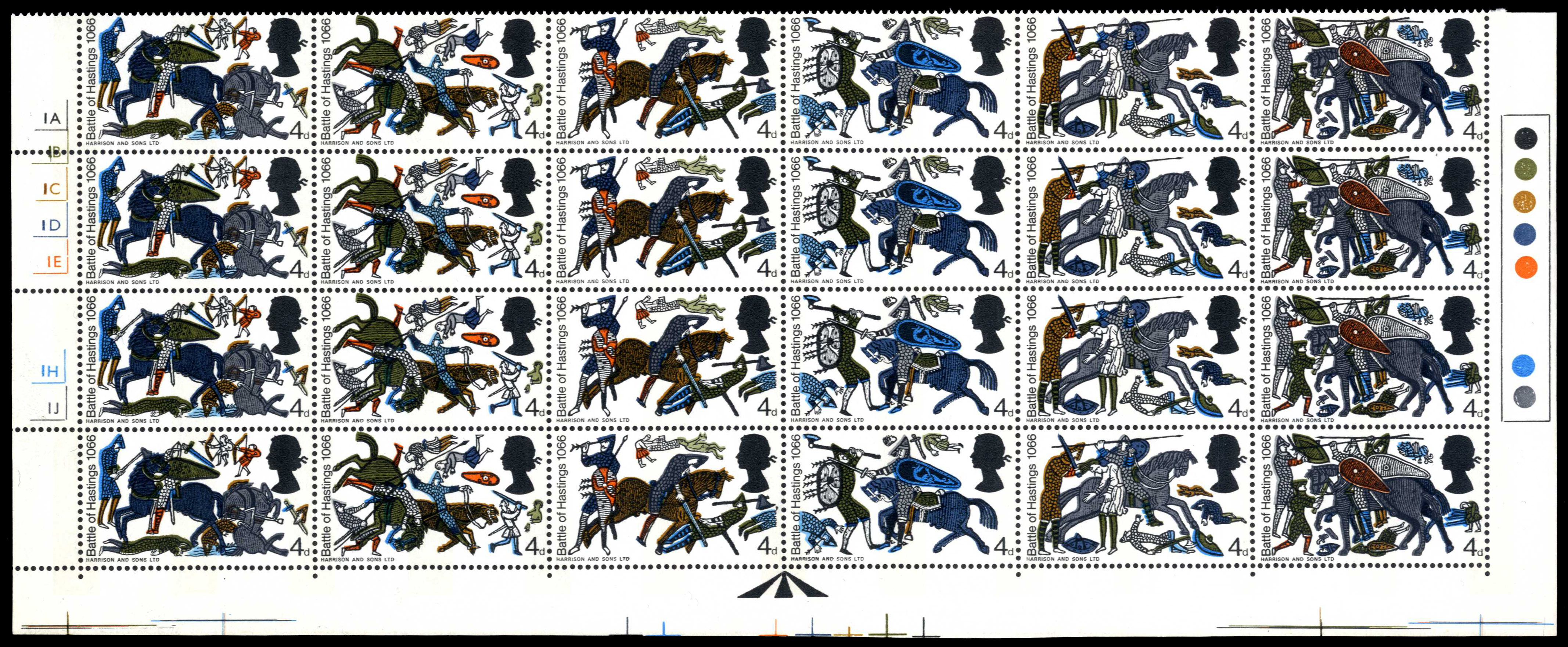 1969 4d 400th Anniversary of Battle of Hastings, phosphor, block of 24 (6x4) the bottom four rows of the sheet traffic lights