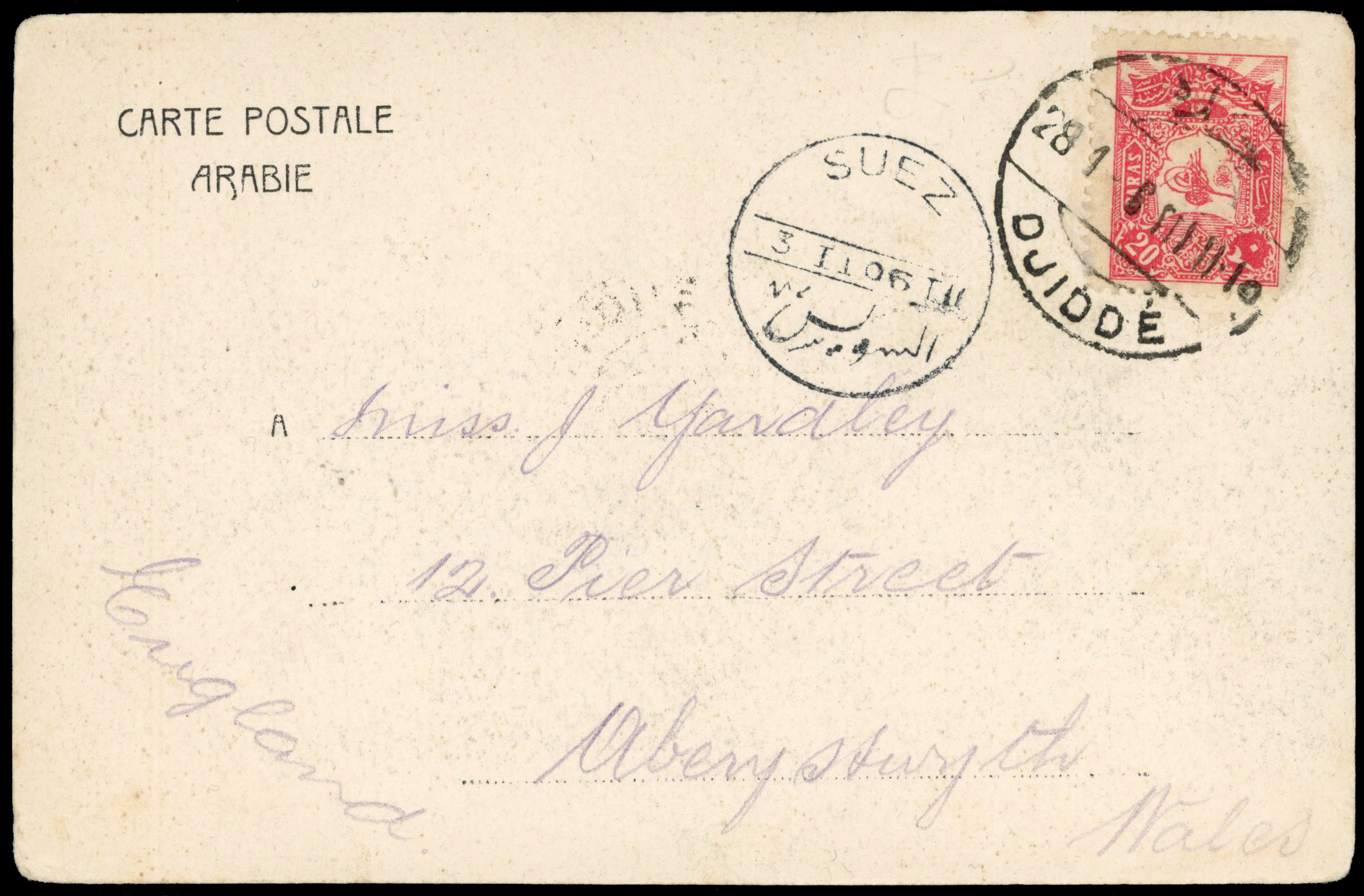 Saudi Ottoman Post Offices 1906 postcard to UK Djidde cds