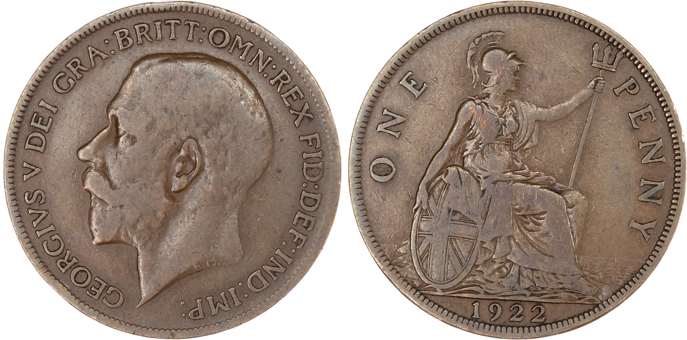 George V (1910-36), Penny, 1922, with reverse of 1927, bare head left, reverse Britannia seated right, (F.192A, dies 3+C