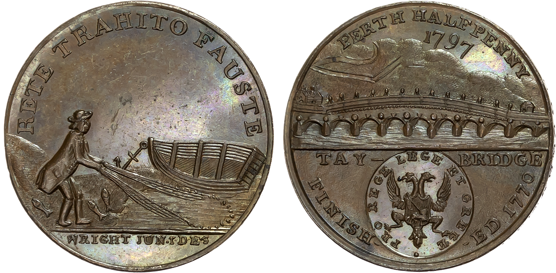 Perth. Perth, John Ferrier (hosier), Wright’s Halfpenny 1797, man netting salmon on river bank, rowing boat anchored, re …