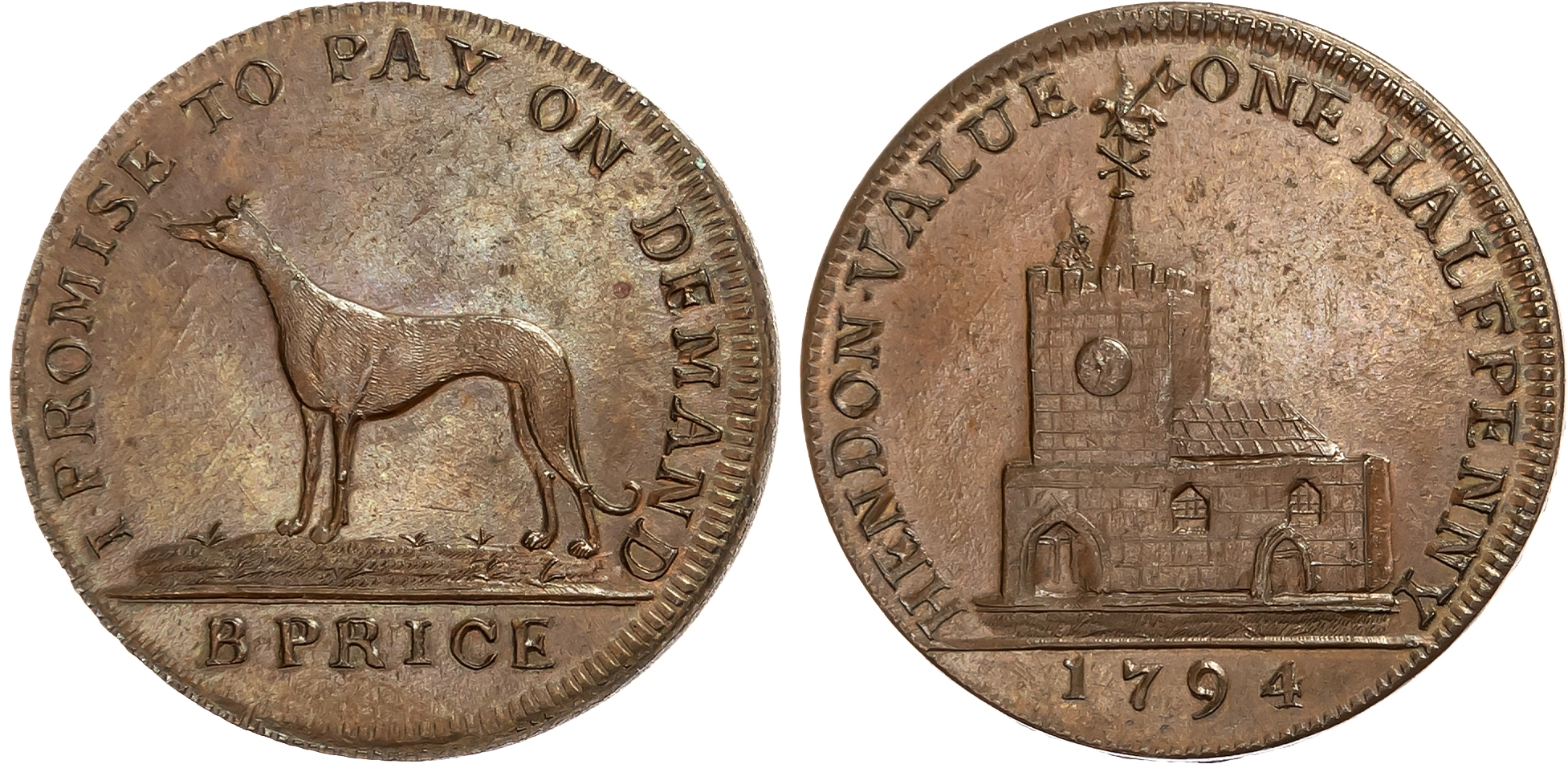 London, Hendon , Benjamin Price (innkeeper – ‘the Greyhound’) Halfpenny 1794, Greyhound standing left, rev. Parish churc …