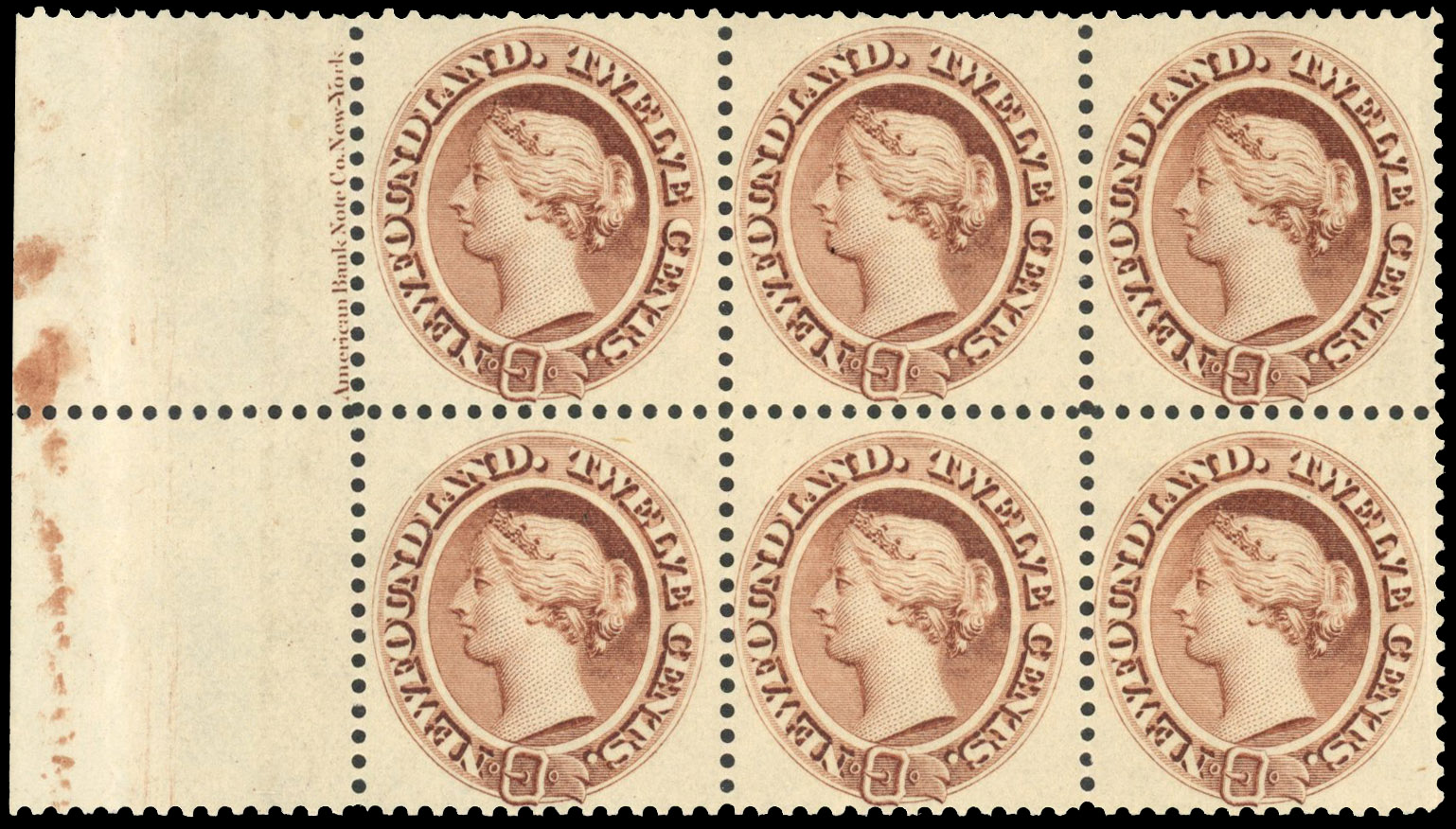 Newfoundland 1894 12c deep brown, left marginal imprint block of six, mint, SG 61
