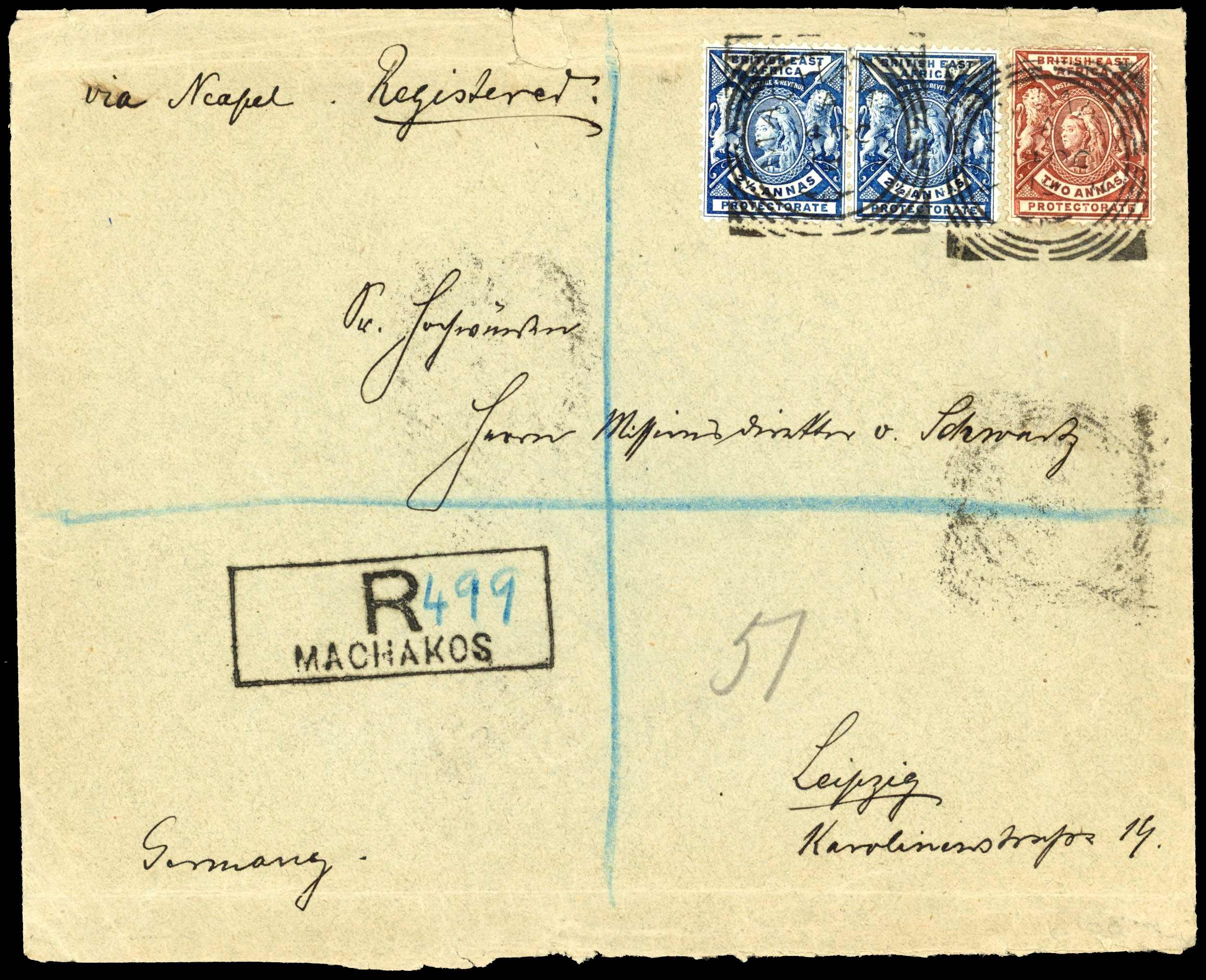 British East Africa 1899 registered cover to Leipzig 