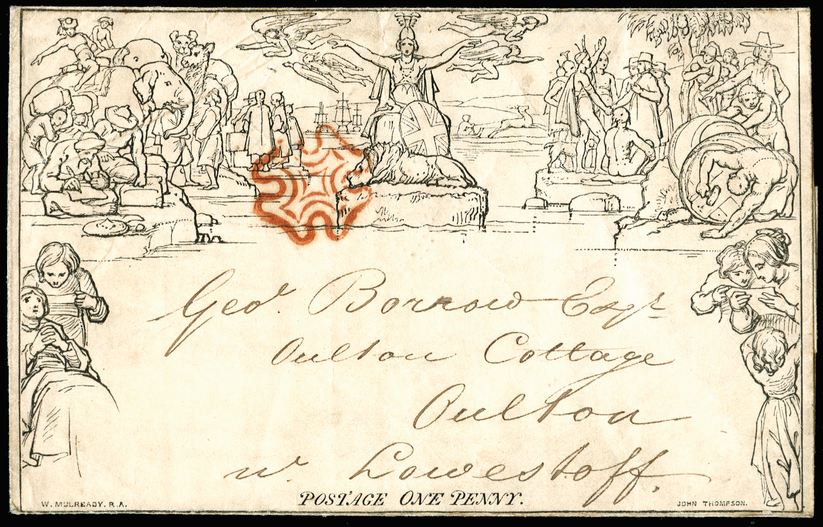 GB 1840 1d Mulready, used 8th May to the novelist George Borrow