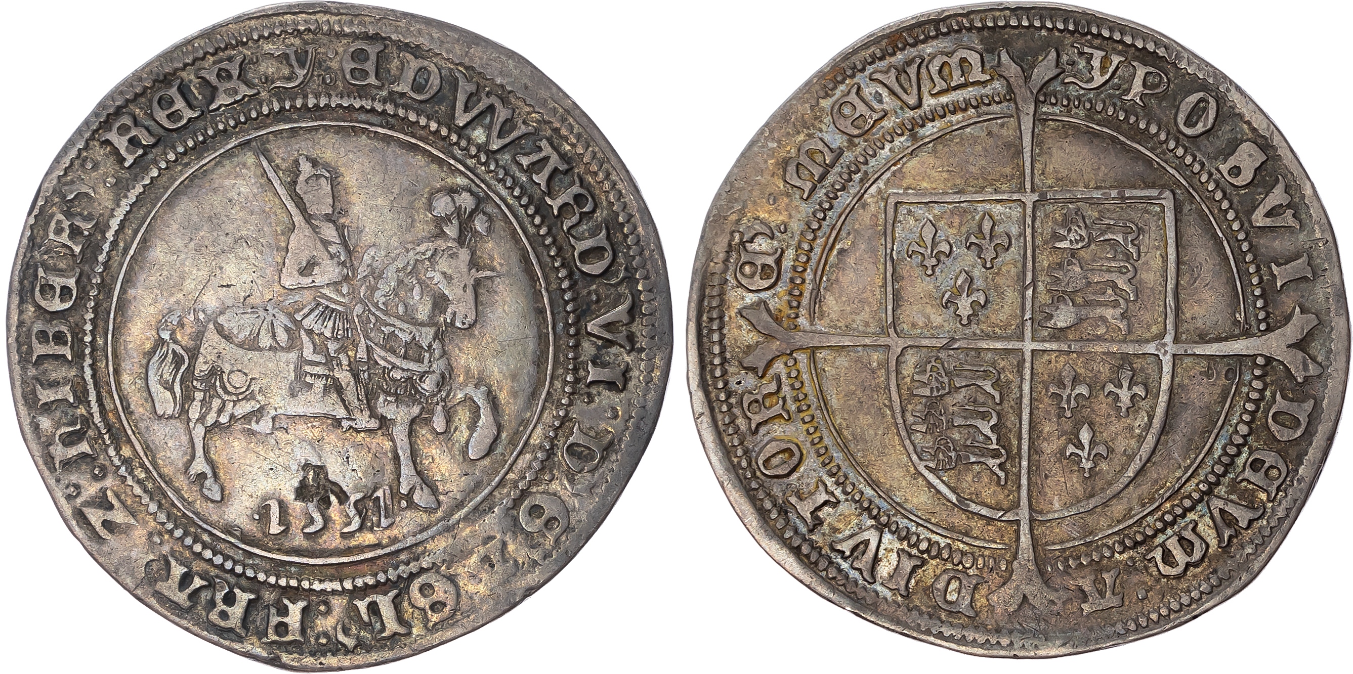 Edward VI (1547-1553), AR Halfcrown 1551, Fine issue, mm : y. King, crowned, riding right on horse with plume on head, r…