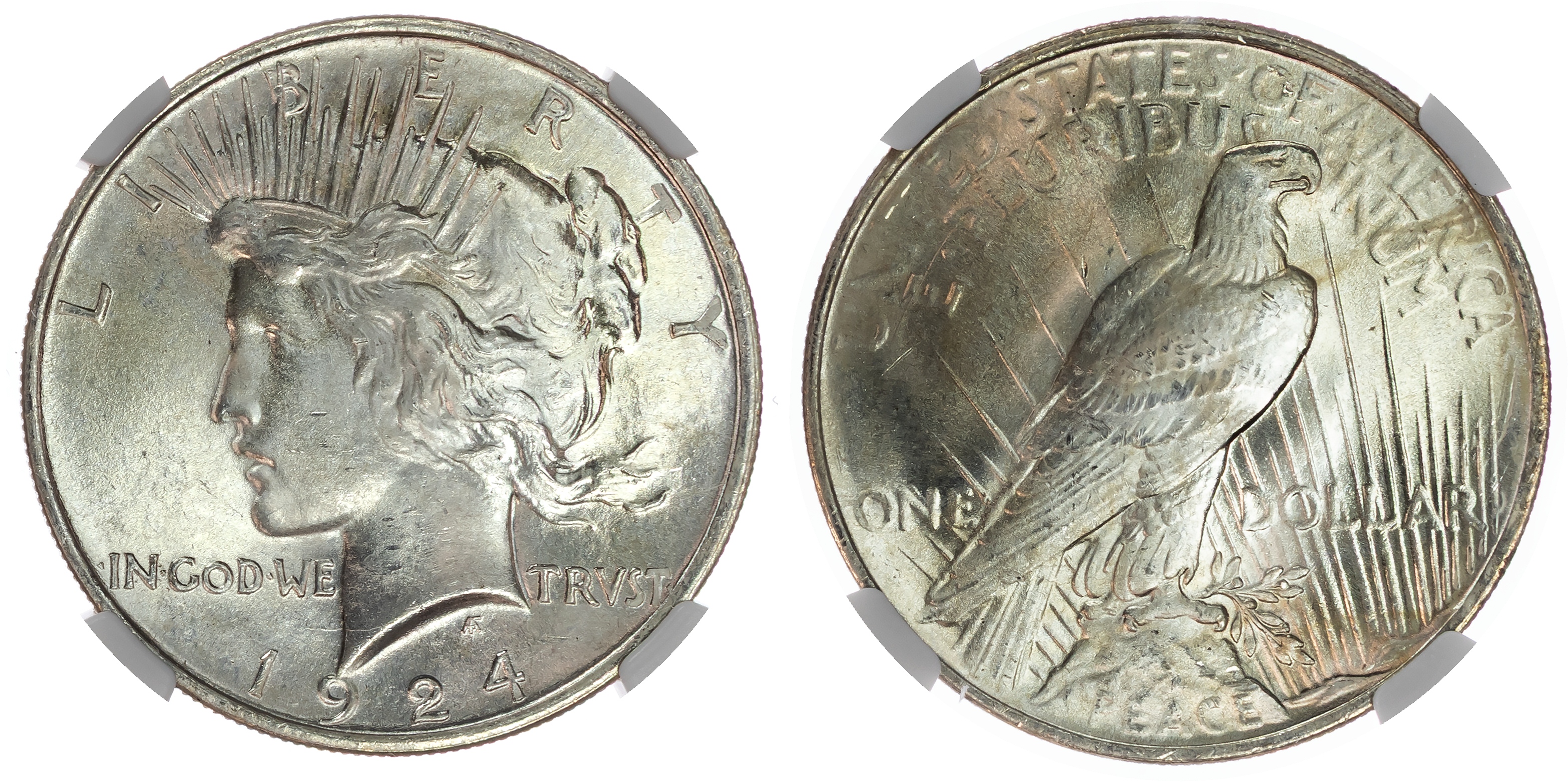 USA , silver Peace Dollar, 1924, Philadelphia (KM 150). In NGC holder graded MS 65 (8222228-002).…