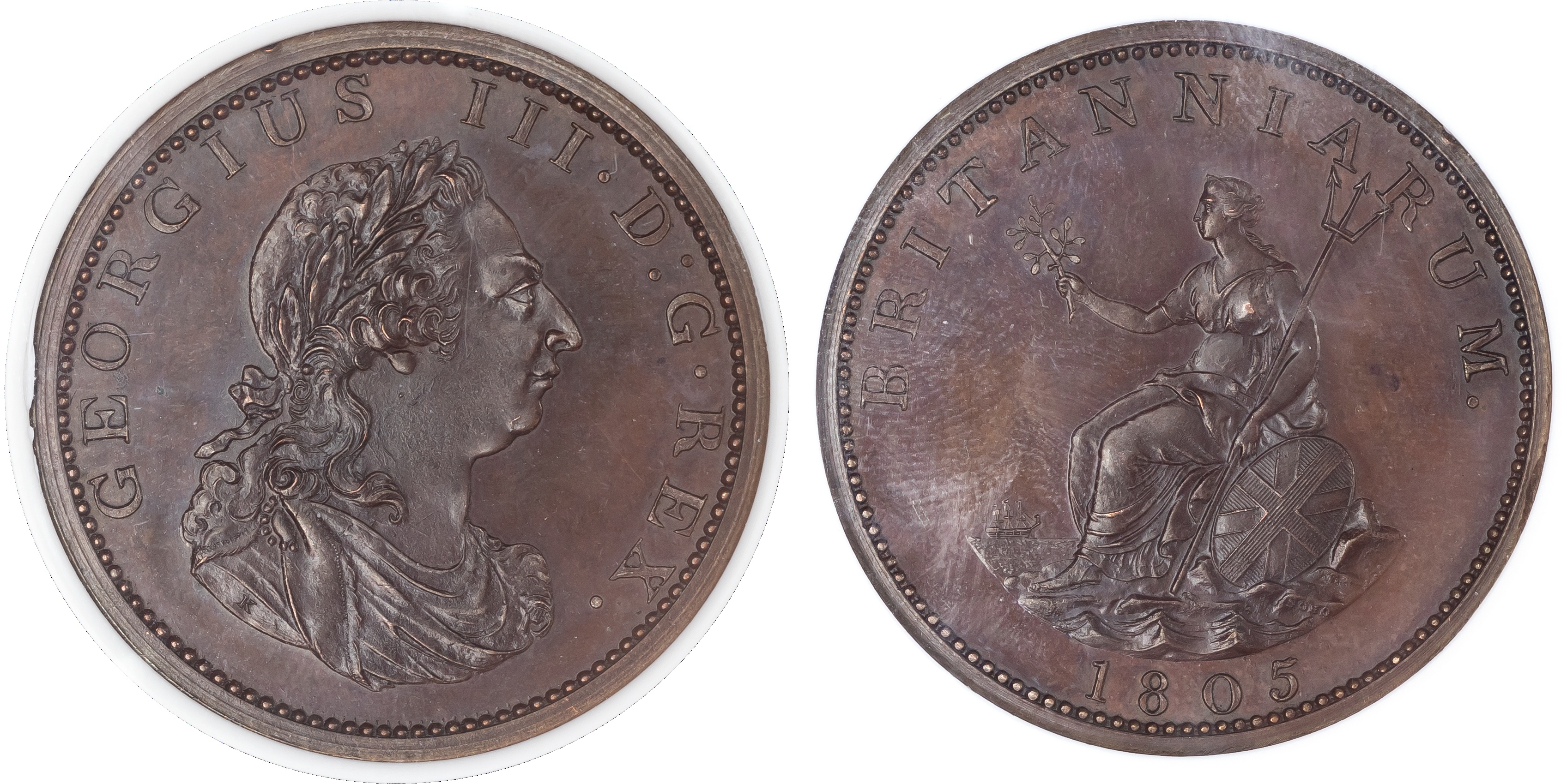 George III (1760‑1820), Copper Twopence, Pattern Restrike. Soho (Birmingham) mint. Dated 1805.
Laureate, draped and