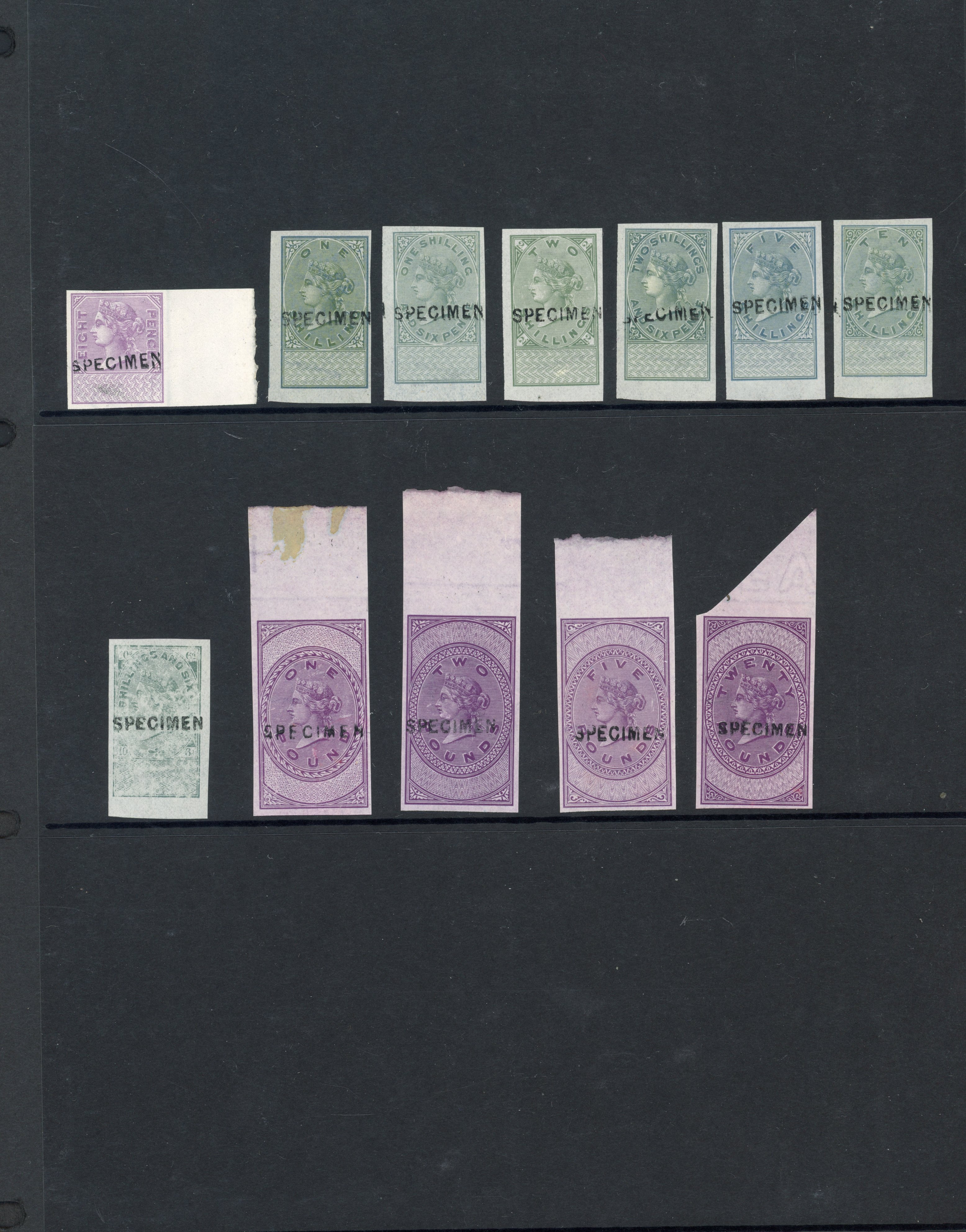 GB 1872 unappropriated dies comprising 8d to 2s6d, 5s to £20, mint marginal with large part o.g., all overprinted ‘SPECIMEN’