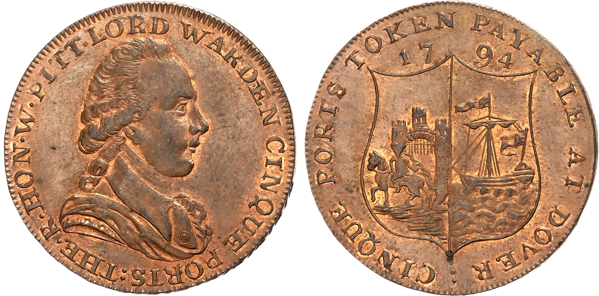 Kent. Dover , John Horn, (librarian, stationer and perfumer) Halfpenny 1794, Bust of William Pitt right, rev. Dover arms …