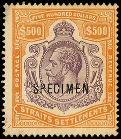1912 $500 purple and orange-brown overprinted SPECIMEN Type D12, toned o.g. with some foxing; centred right. SG 215s,...