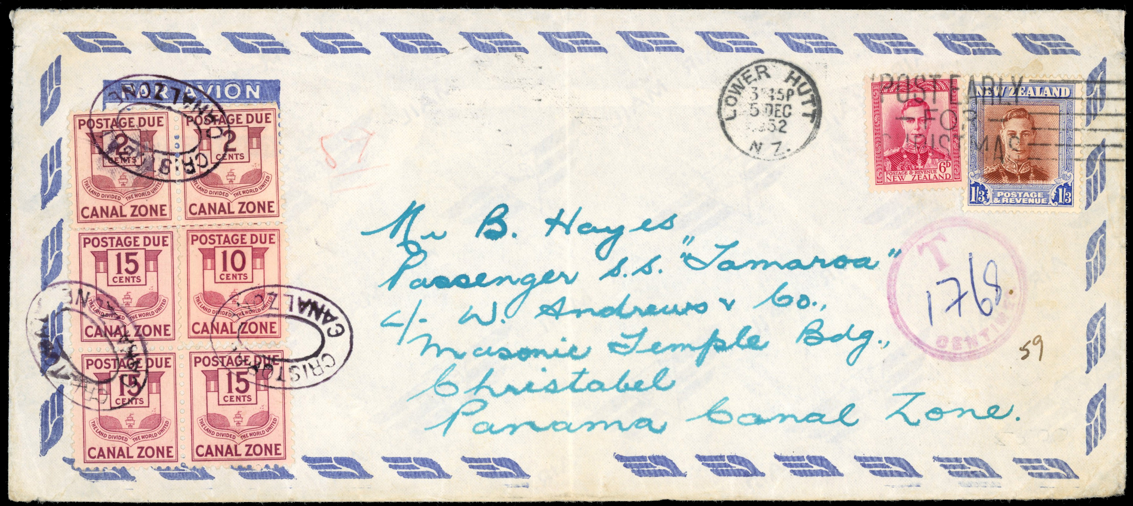 NZ 1952 cover to Canal Zone, Postage Dues