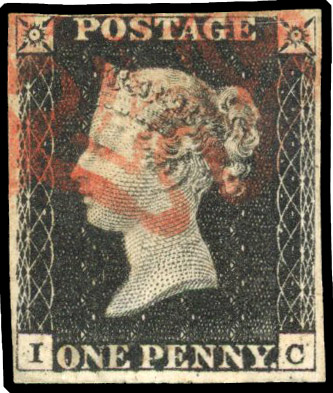 GB: 1840 1d black, Plate 4 (IC), four margins, red MC SG 2
