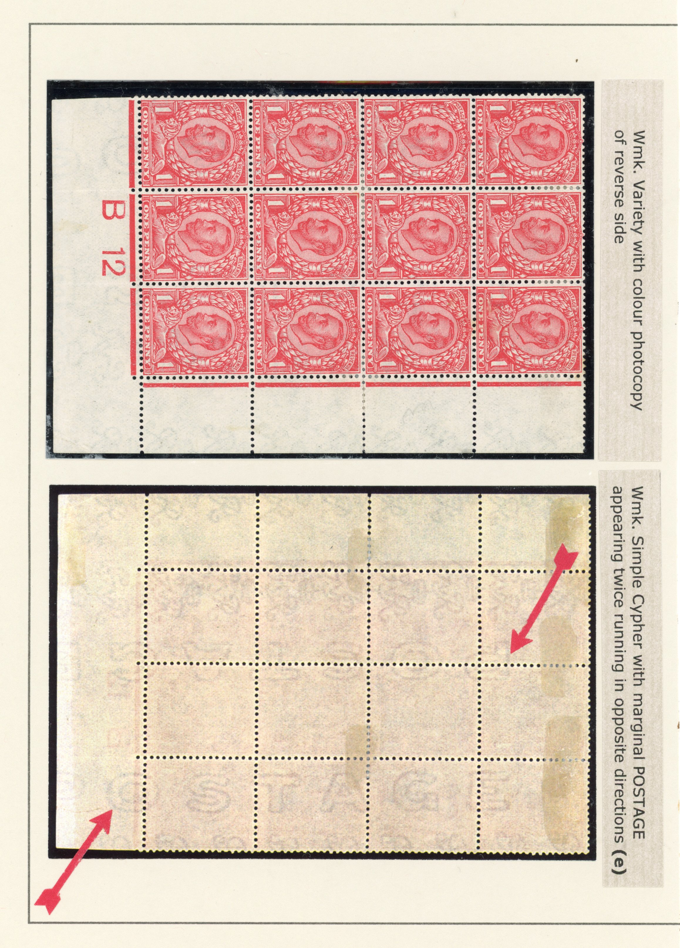 GB 1912 Die 2 1d scarlet, mint control B12 block with watermark shift
