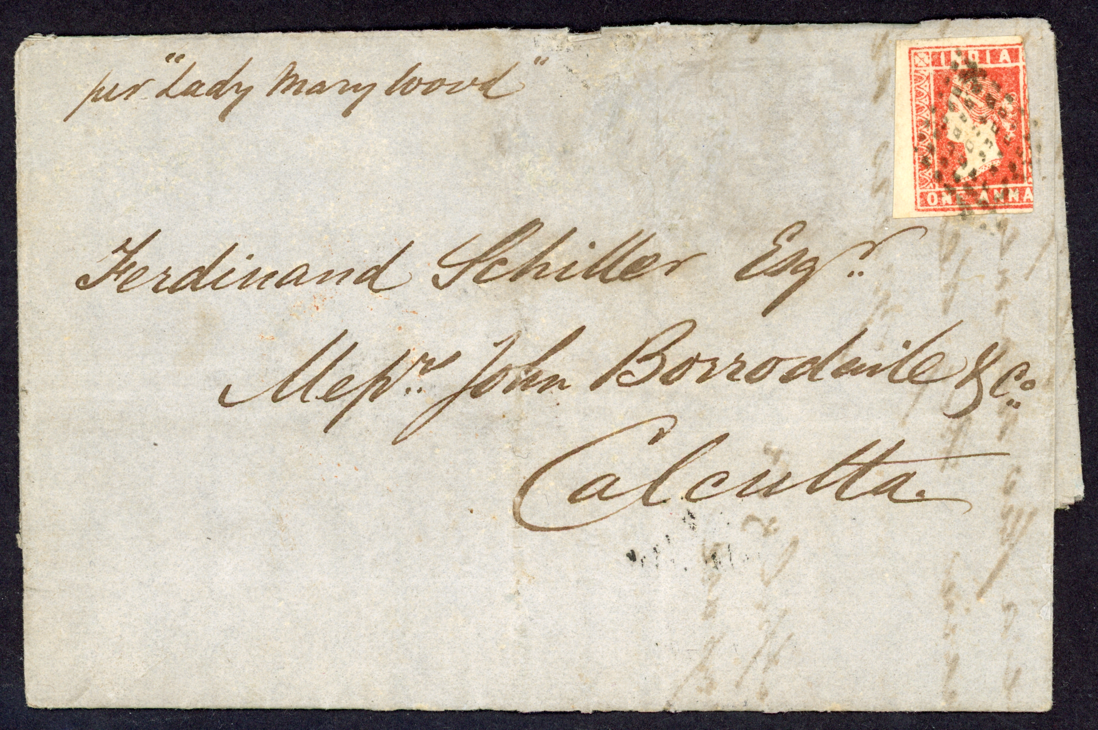 Straits Settlements SG Z62 1855 entire from Singapore to Calcutta with India 1a red