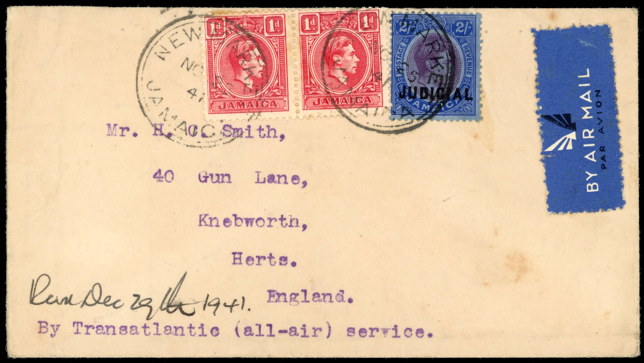 Jamaica 1941 cover with 2/- Judicial