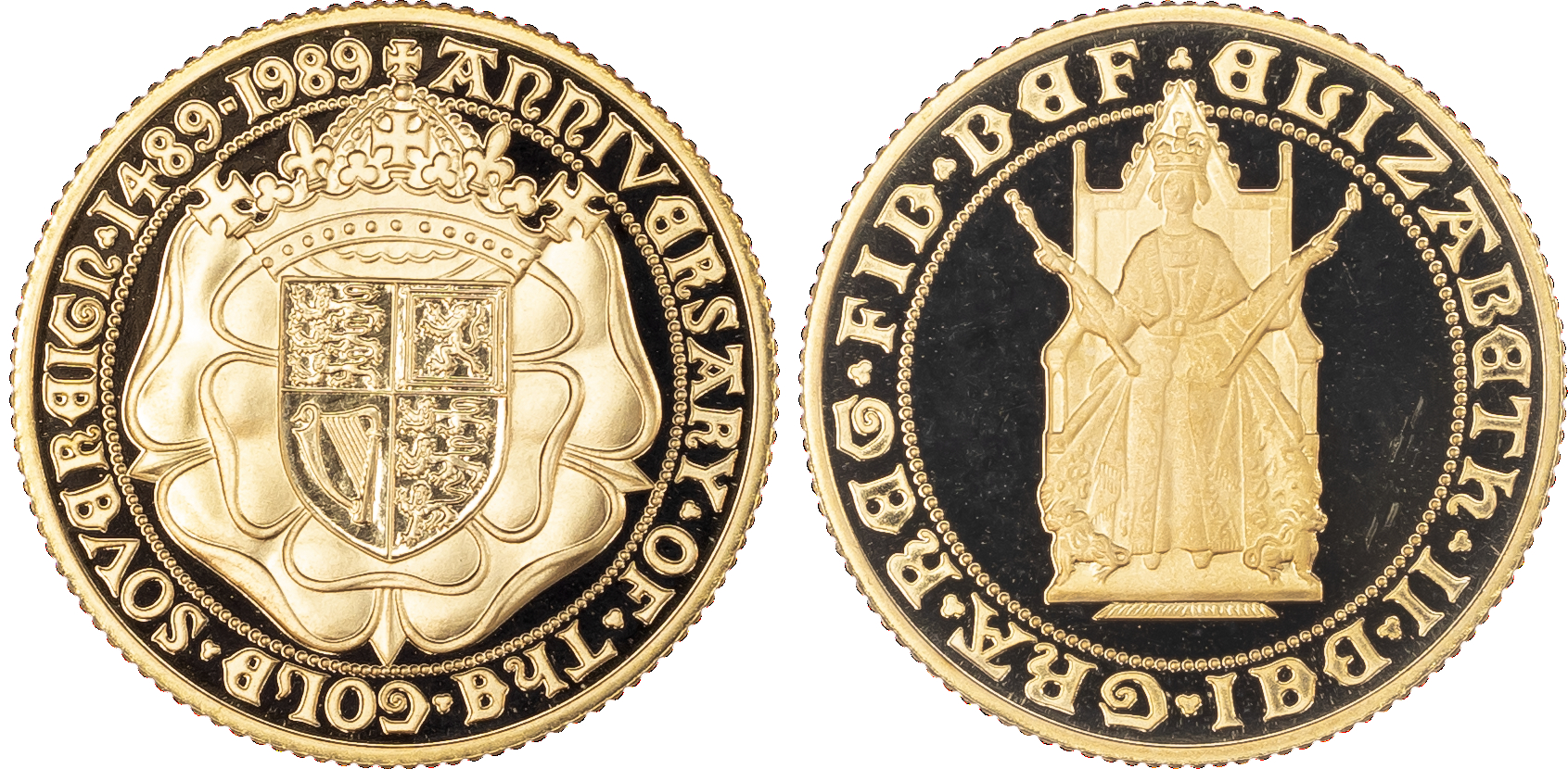 Elizabeth II (1952-2022), 500th Anniversary of the Sovereign, Proof Sovereign, 1989, designed by Bernard Sindall, Queen