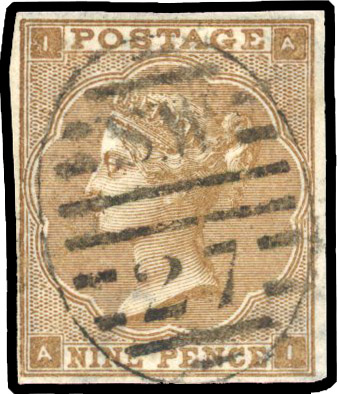 1862 9d Bistre Pl.2 without hairlines (SG86/87, Wmk. Emblems). Used imperforate colour trial 