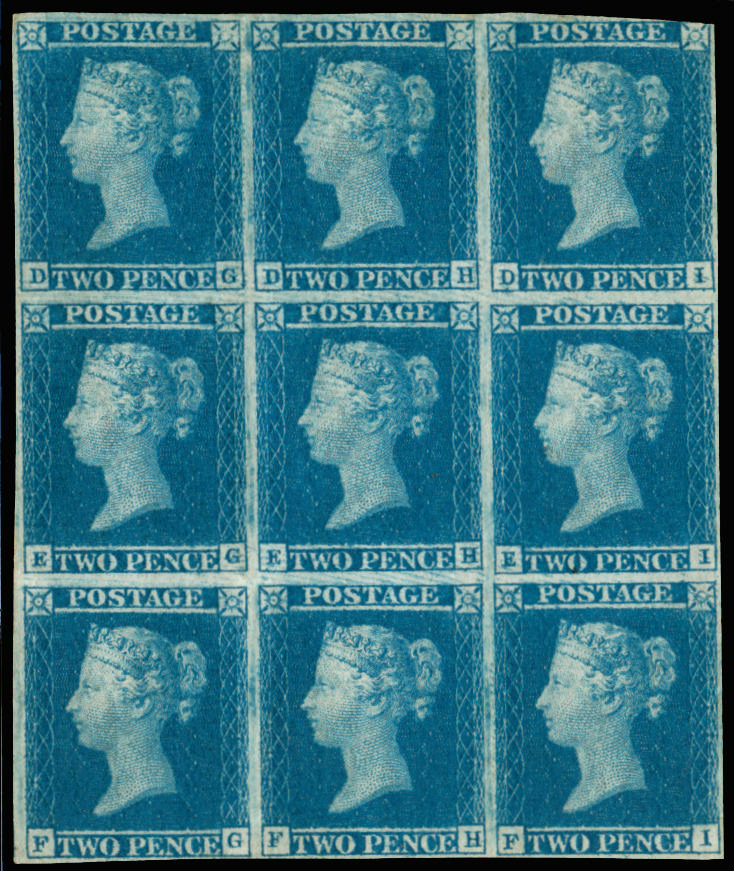 Great Britain 1841 2d Blue Pl.3. Very fine and fresh unused large part o.g. block of nine lettered DG-FI (EH-EI Un…