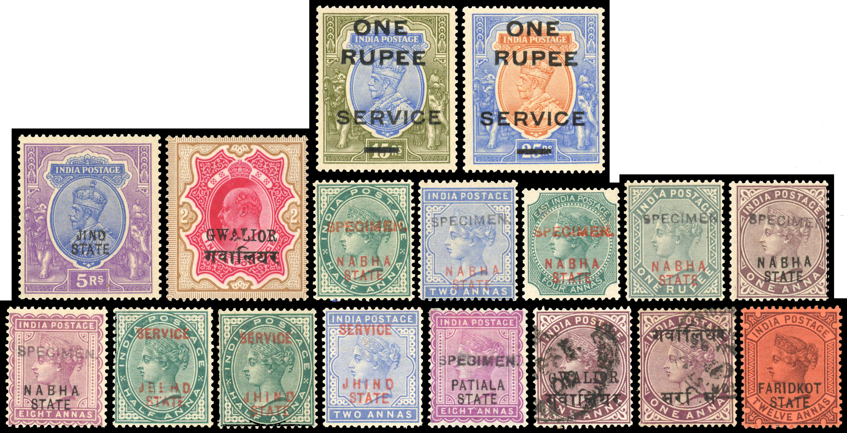 Mint on stockcards including Faridkot 188712a, Gwalior 1885 1a small ‘G’ used,  1906 2r, Jind 1885 ½a Official, 1886 ½a nd 2a