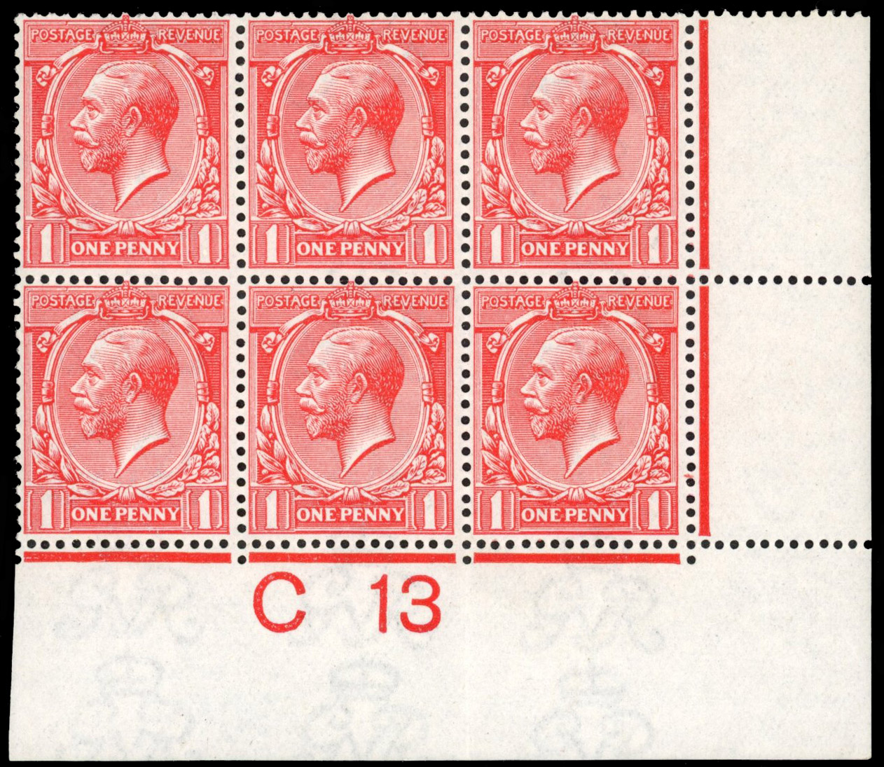 GB 1912-24 Royal Cypher 1d (pale) scarlet, mint o.g. (five stamps unmounted), right corner control C13 block of six