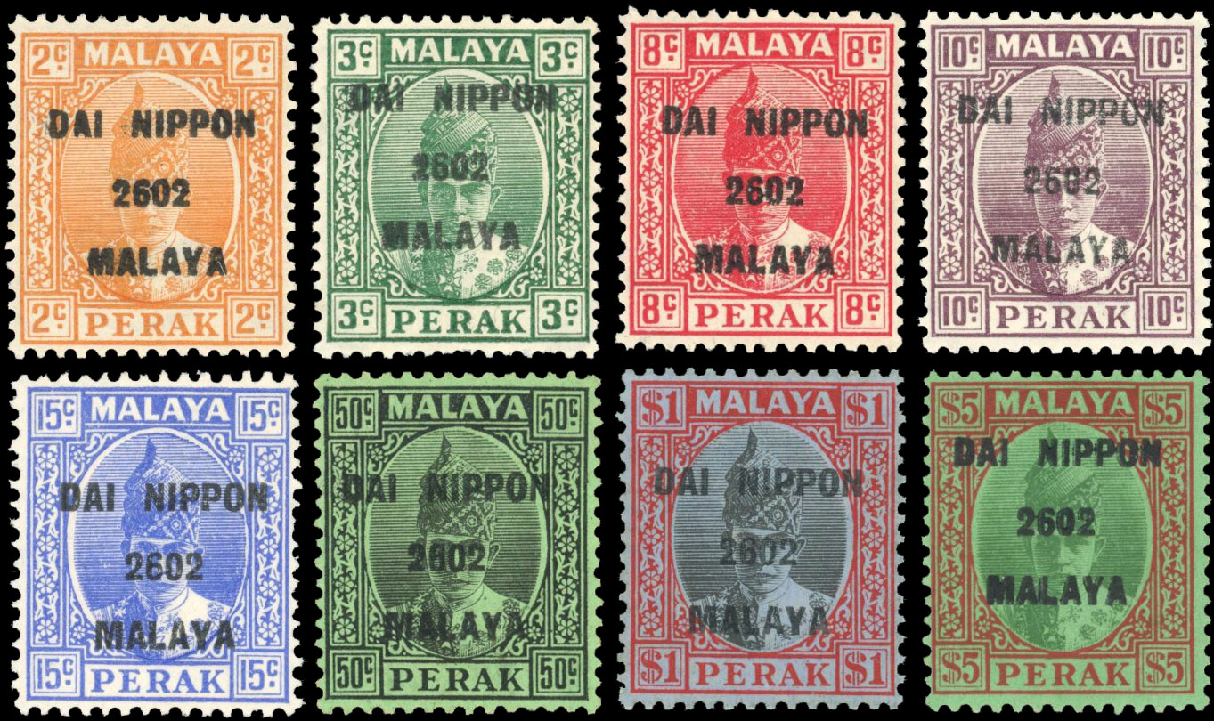 Malaya Japanese Occupation 1942 Perak type 16 opt, set to $5, $1 signed rowell, SG J246/53 cat £750