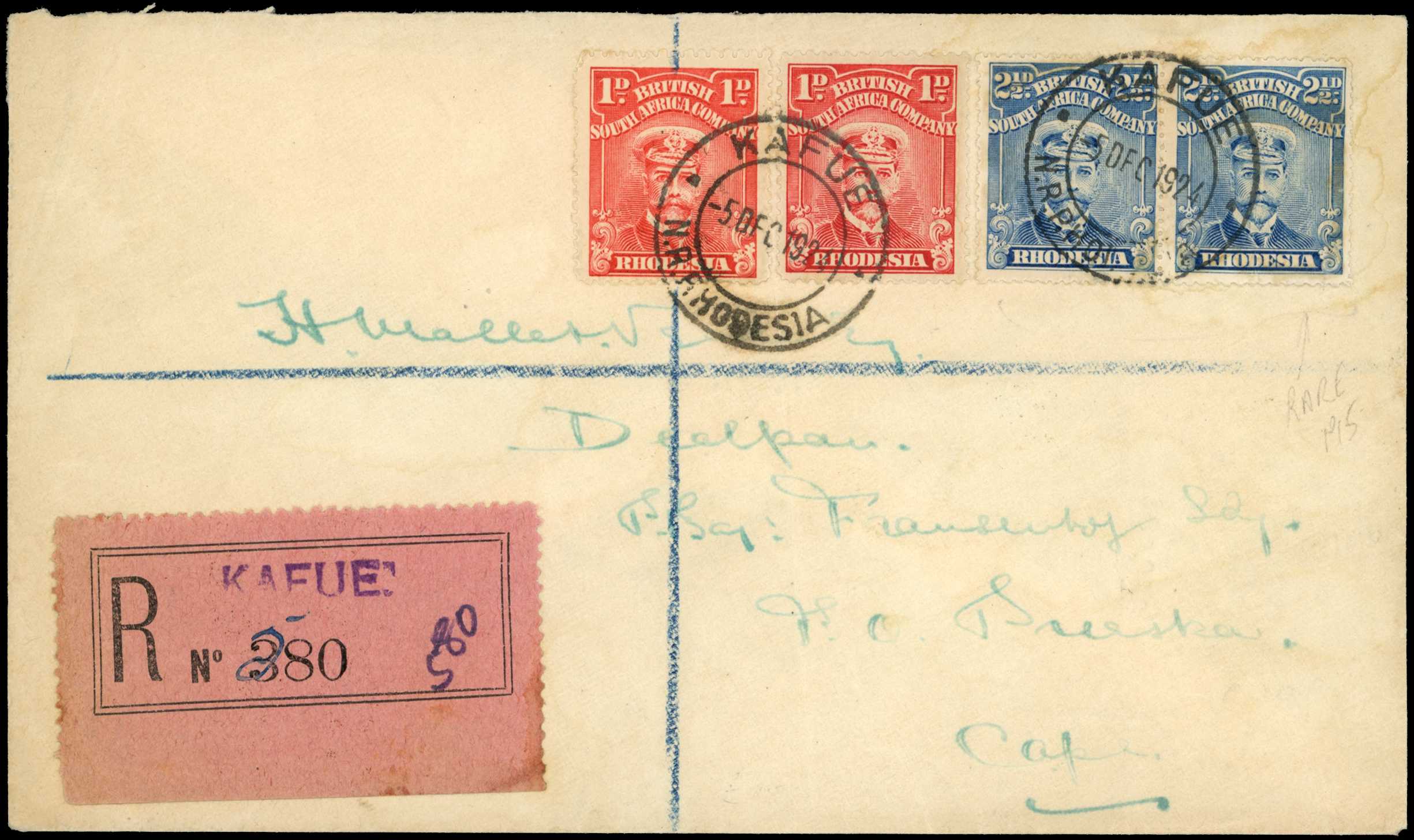 Usages. 1924 registered envelope from Kafue...