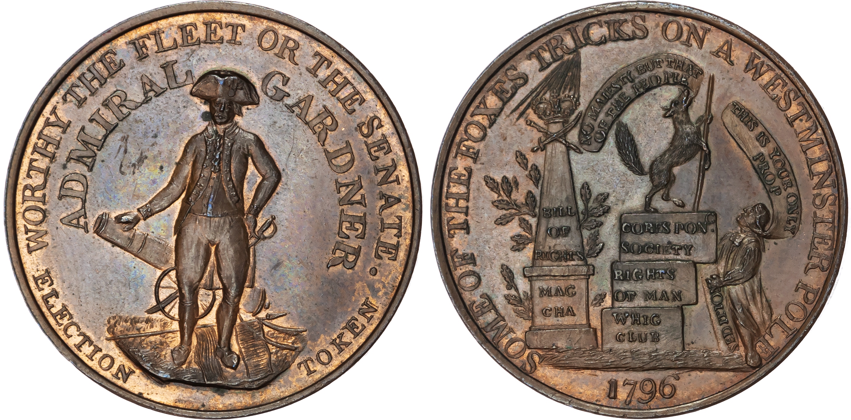 London, Political Series, Admiral Gardner Election Penny 1796, Gardner in naval uniform standing by canon, rev…