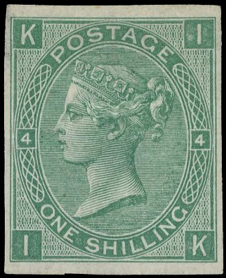 1867 1s Green Pl.4. Very fine and fresh unused imperforate example lettered IK. Rare. SG117b. Cat. £6500…