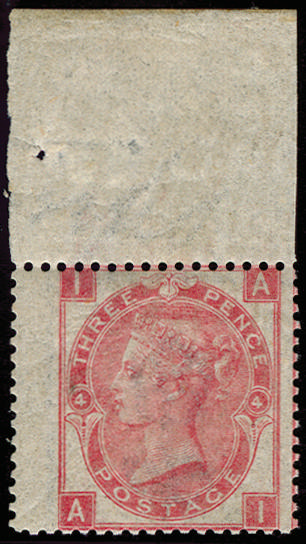 Great Britain 1867 3d Rose Pl.4. Very fine unmounted top marginal left hand wing margin o.g. example lettered AI. …