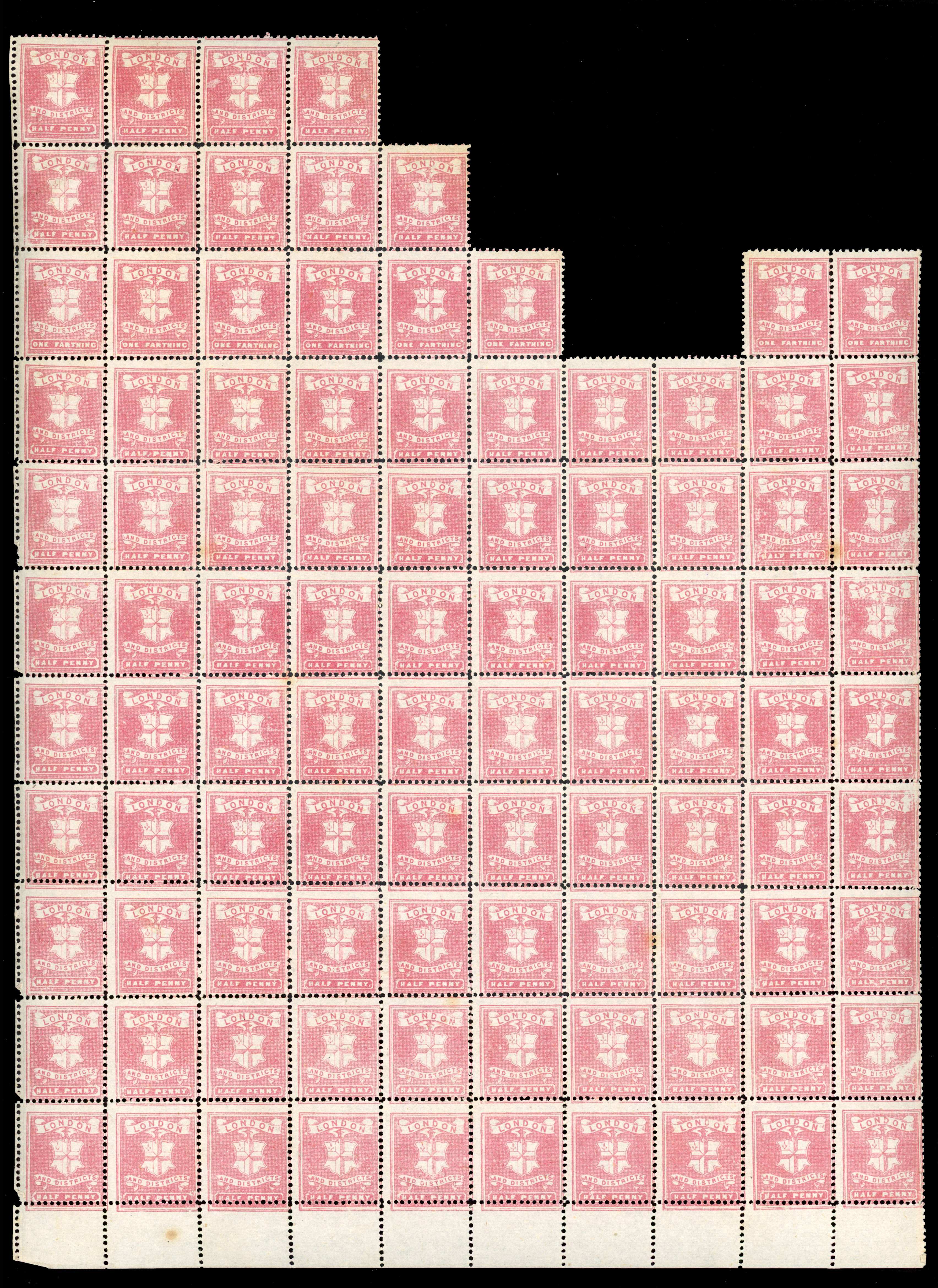 GB Circular Delivery Companies. London & Districts 1867 ½d claret, perf 13, mint block of 97, row three error ‘ONE FARTHING’