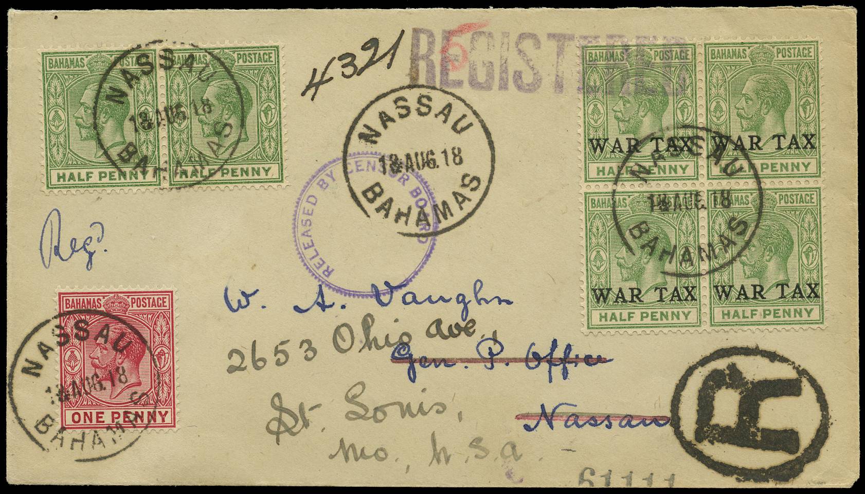 BAHAMAS SG 81, 82a, 91 1918 REG COVER FROM NASSAU TO USA