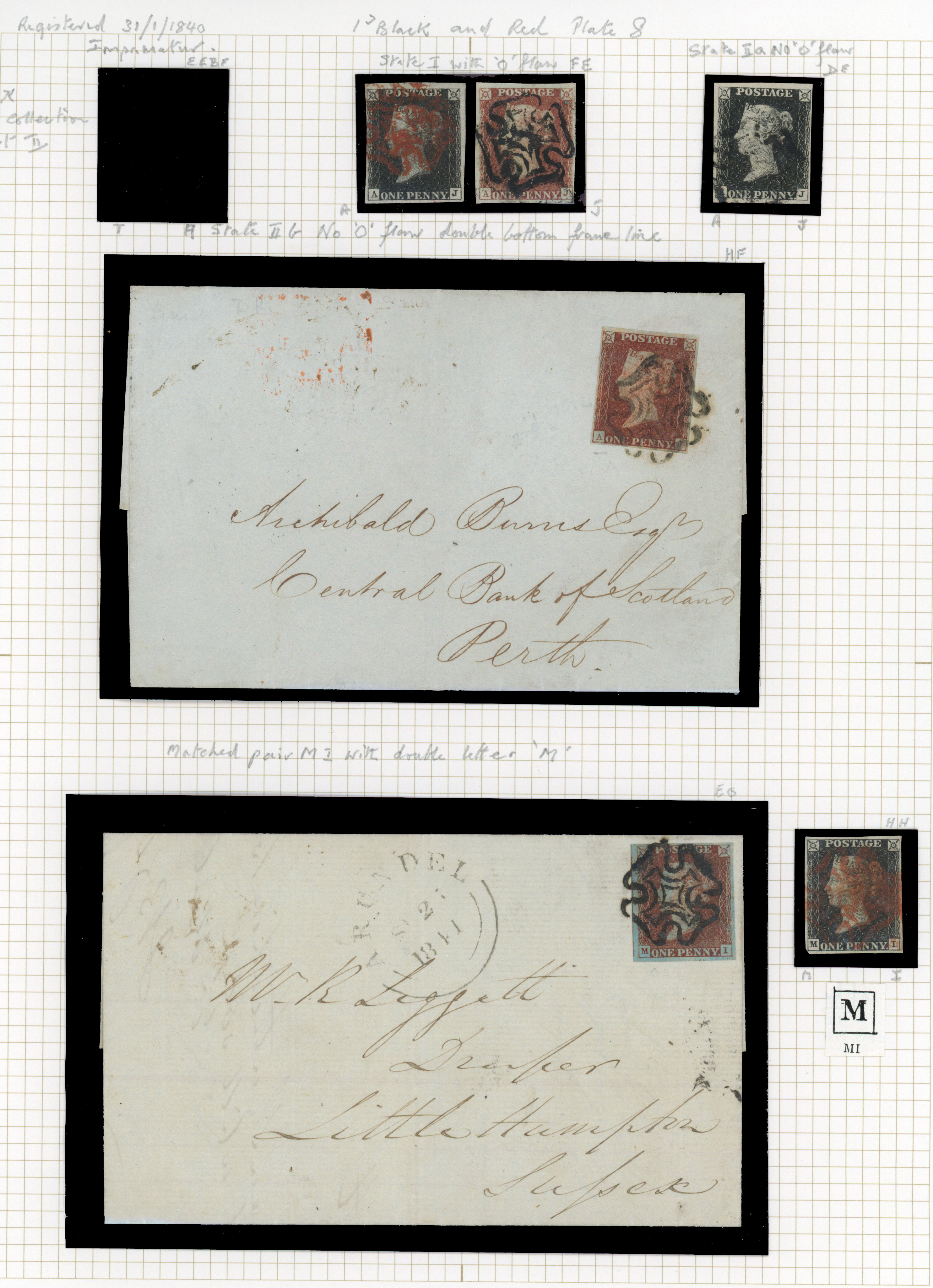 1840 1d Black Pl.8. Interesting group of six used adhesives from plate 8