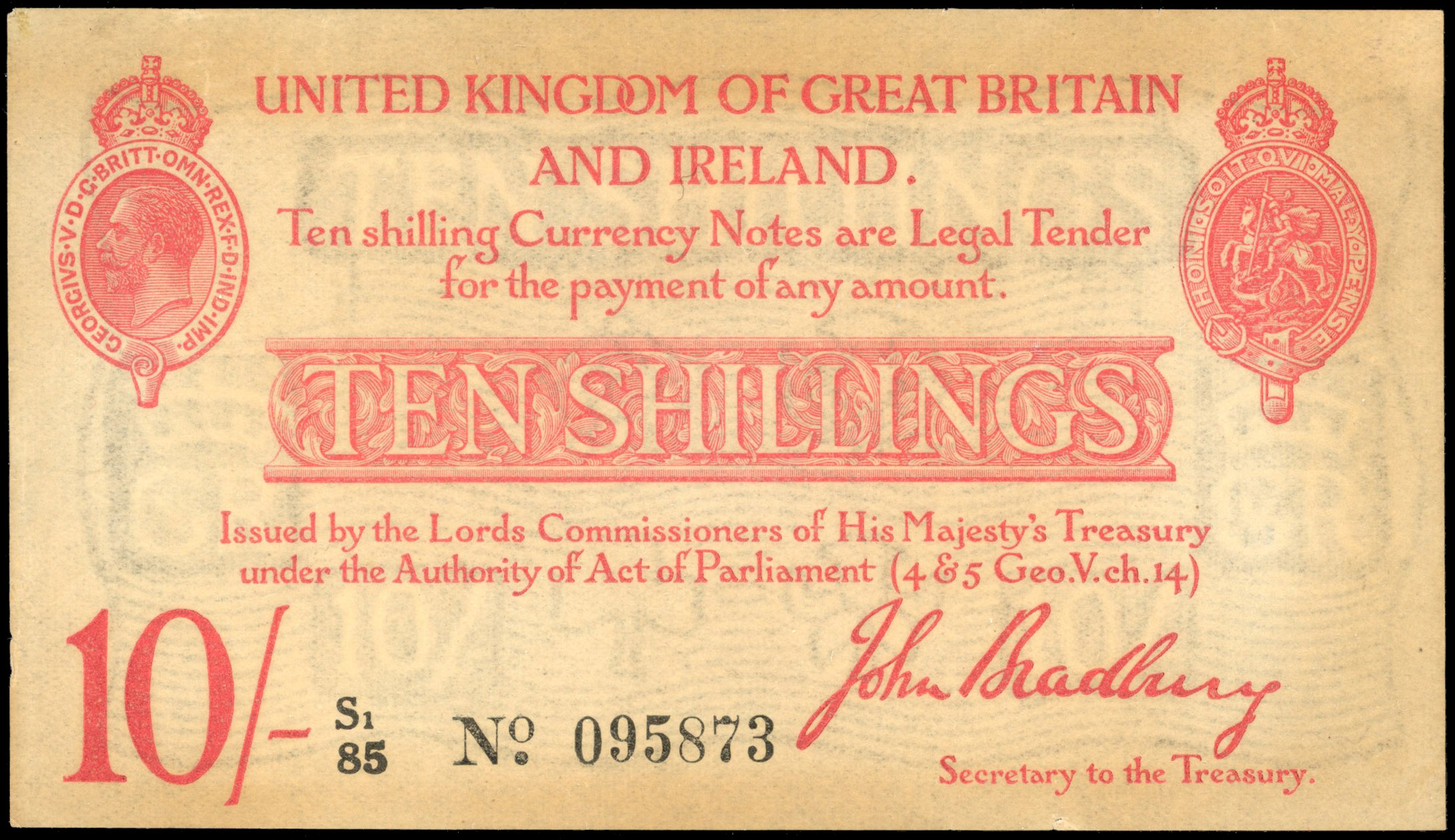Treasury, J. Bradbury, (second issue), Ten Shillings, Aug. 1916, S1/85 095873, (Dugg. T13-2). Slight discolour…