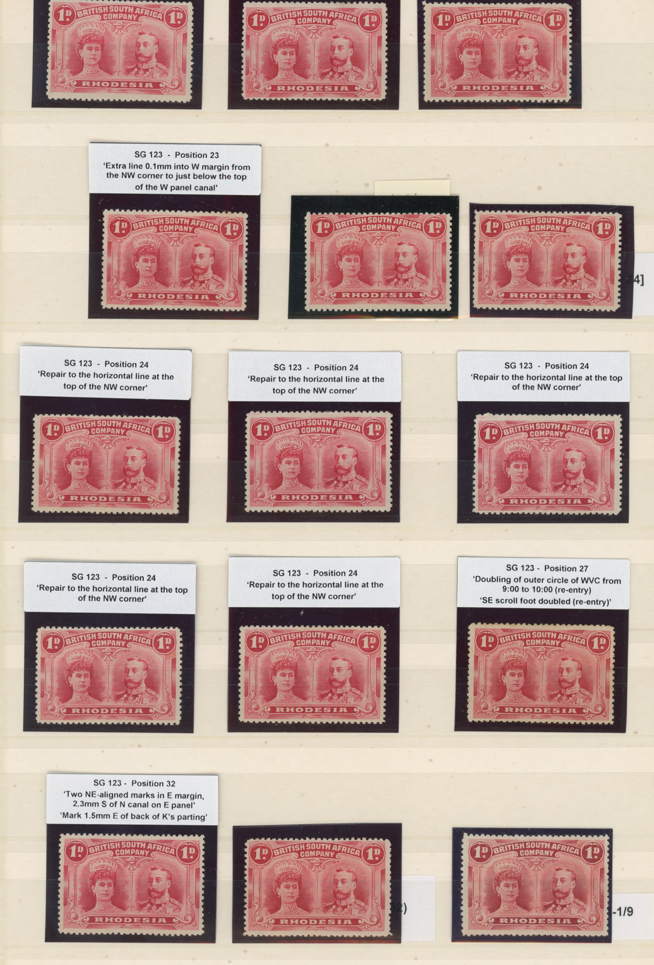 † 1d bright carmine SG 123 plated examples group