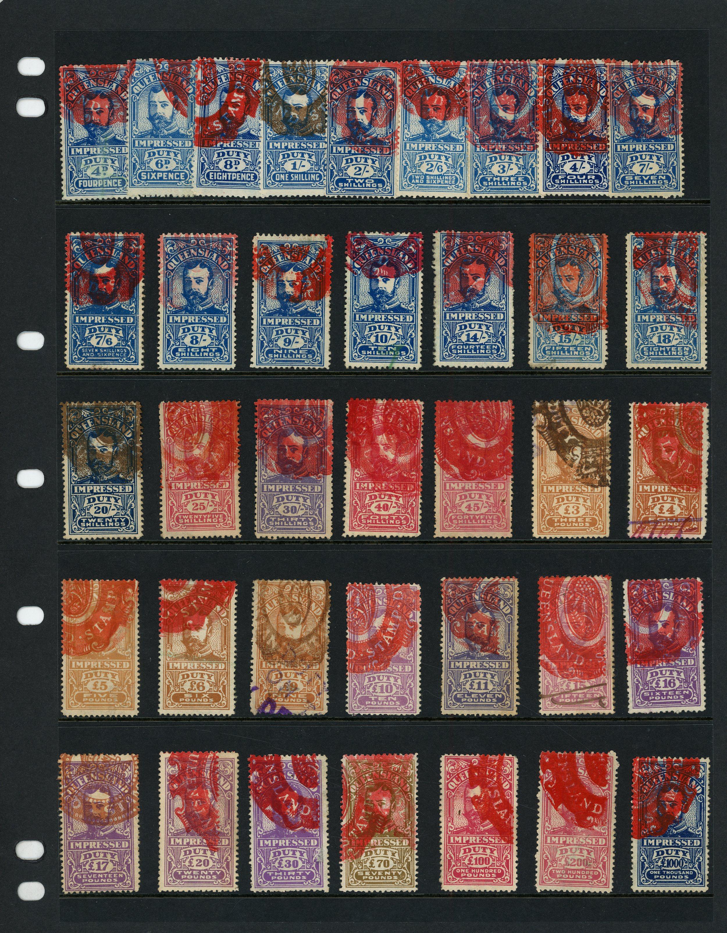 Queensland (Revenue) 1916 Impressed Duty Set of 37 wmk Upright Used