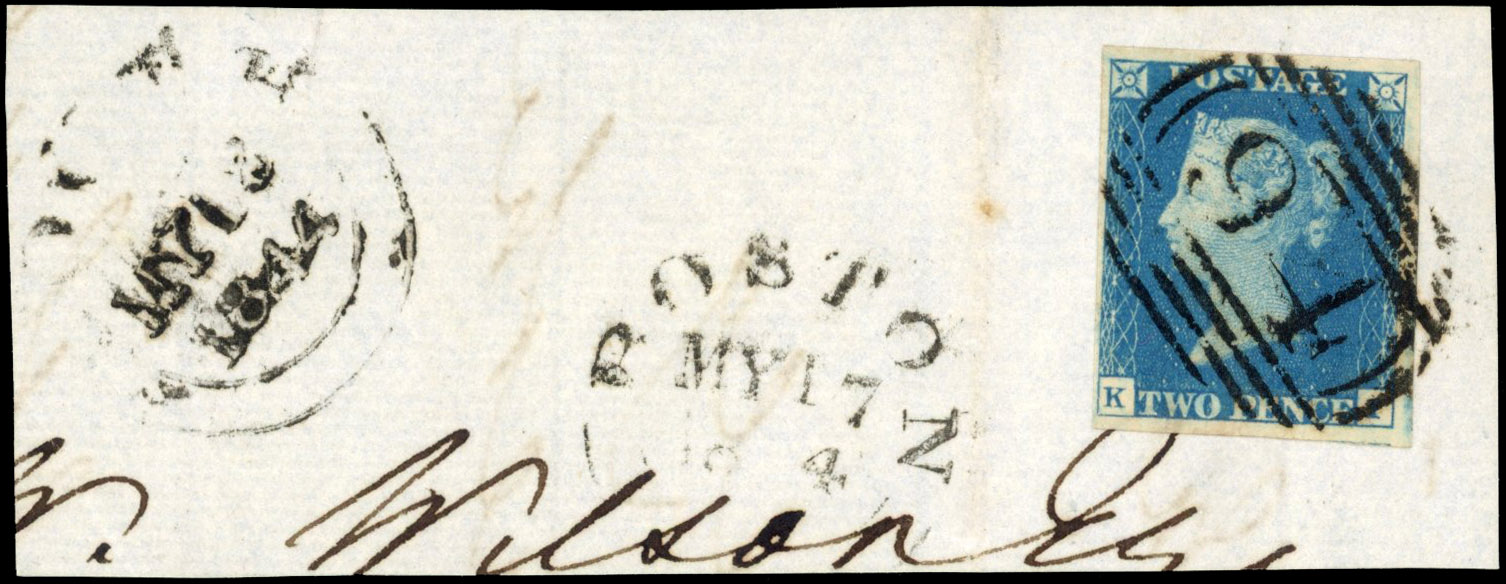 GB 1840 2d blue Plate 2 used on piece with 1844 numeral cancel 