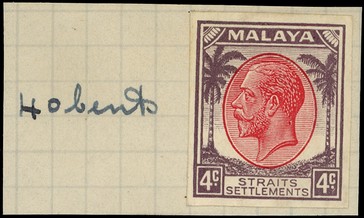 1936 imperforate colour trial of the 4c in scarlet and dull purple affixed to piece ex the record book, in the colours of...