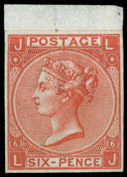 Great Britain 1865 6d Colour trial Pl.6. Very fine unused o.g. imperforate colour trial lettered LJ, printed on th…