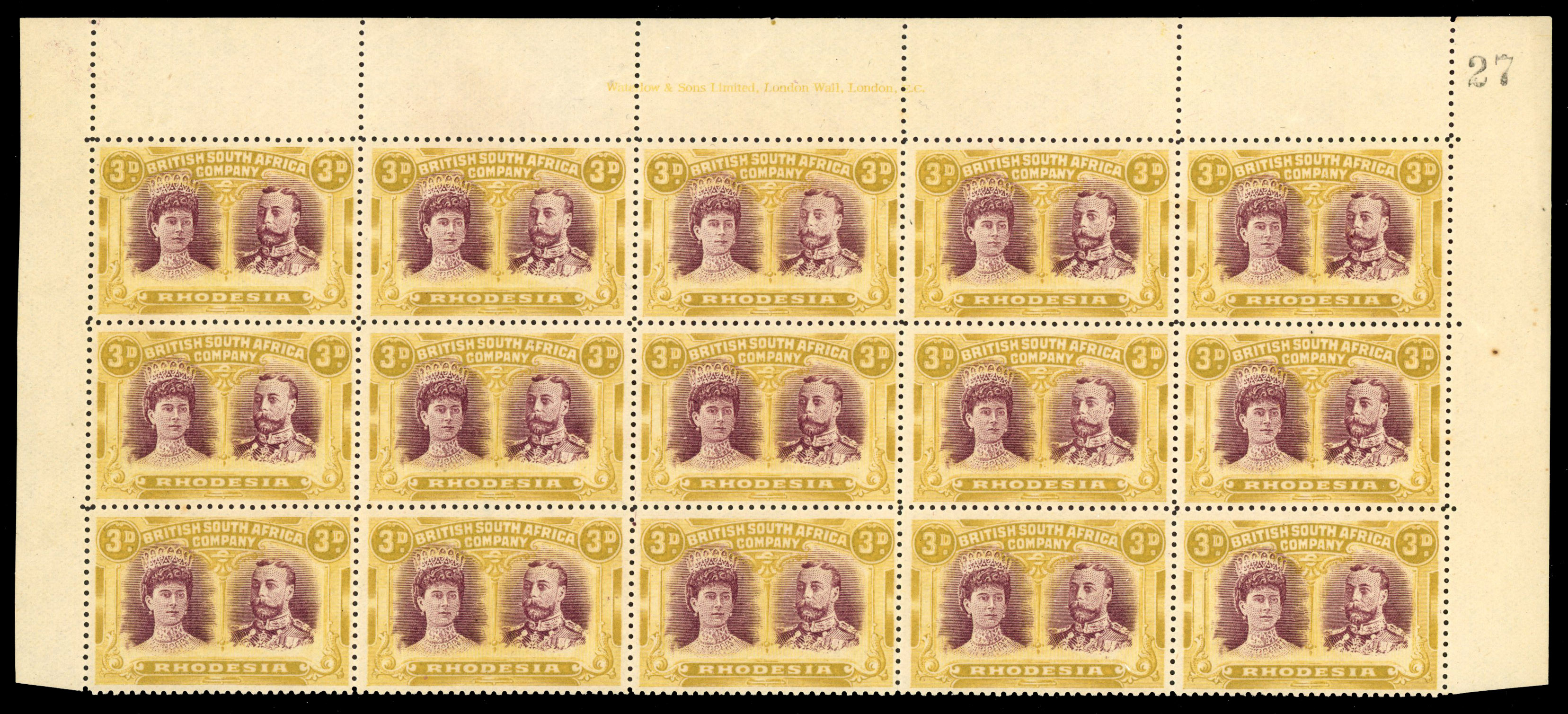 3d maroon and ochre upper three rows of sheet, RSC B, positions 1-15 mint