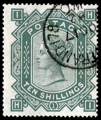 1878 10s greenish grey Pl.1. Very fine used example lettered HI, neatly cancelled by a West Strand 178 cds for OC.17.1882....