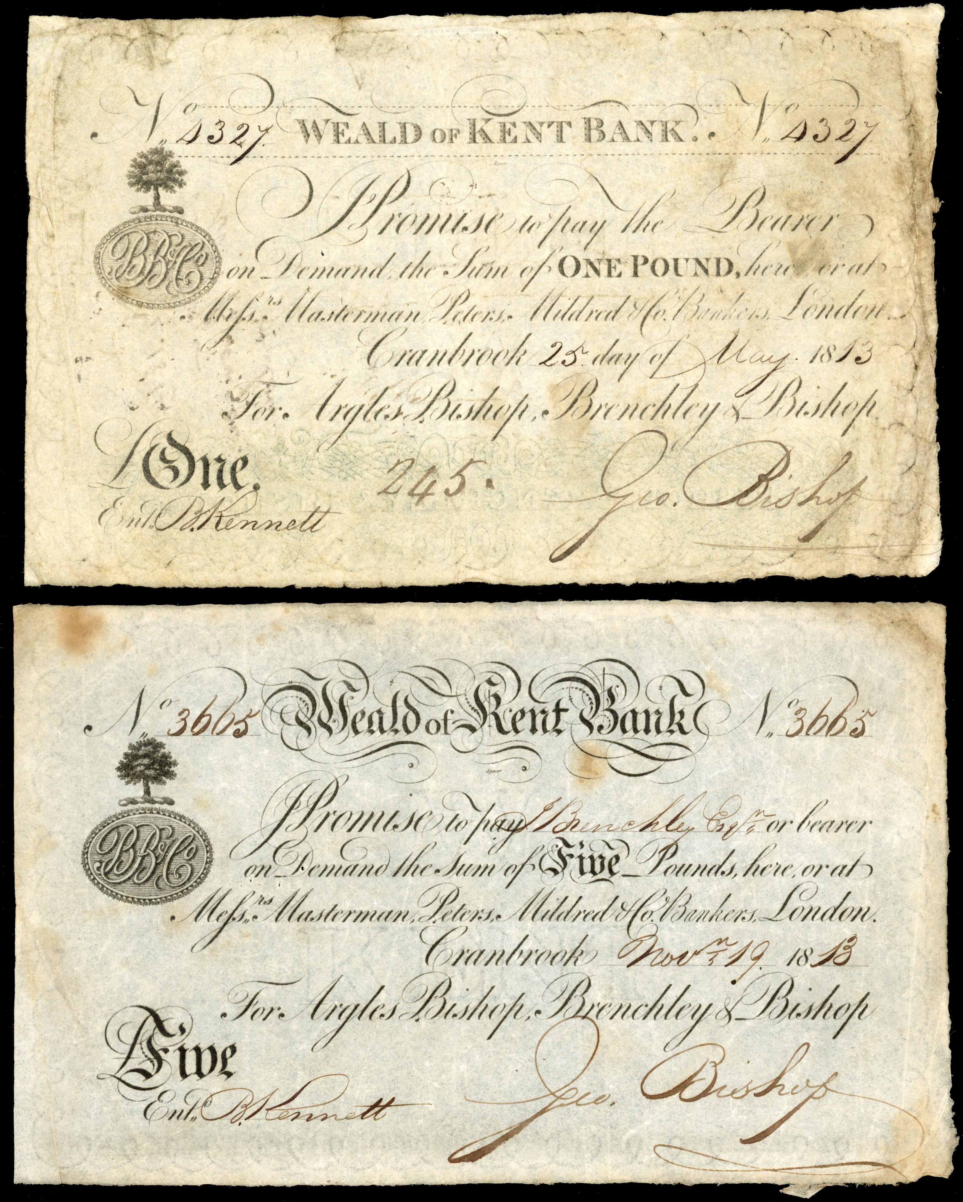 CRANBROOK, Weald of Kent Bank, for Argles, Bishop, Brenchleys & Bishop, £1.,and £5.,variation of the two in pr…