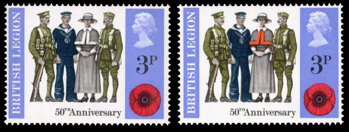 1971 3p Anniversaries, red-orange (nurse's cloak) omitted, offered with normal for comparison, fine unmounted o.g. SG 887b