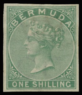 1865 1s green, wmk CC, imperforate plate proof...
