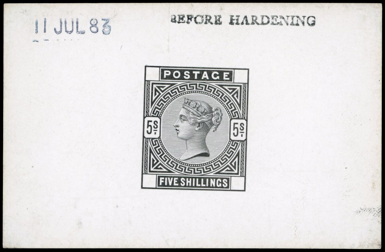 GB 1883-84 5s die proof, printed in black on white glazed card, For SG 180