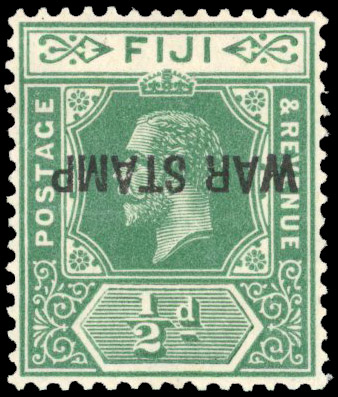 Fiji SG 138c 1915-19 ½d green War Stamp error overprint inverted unmounted