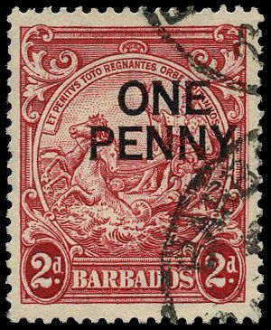 1947 1d on 2d carmine, perf 13½ x 13, fine...