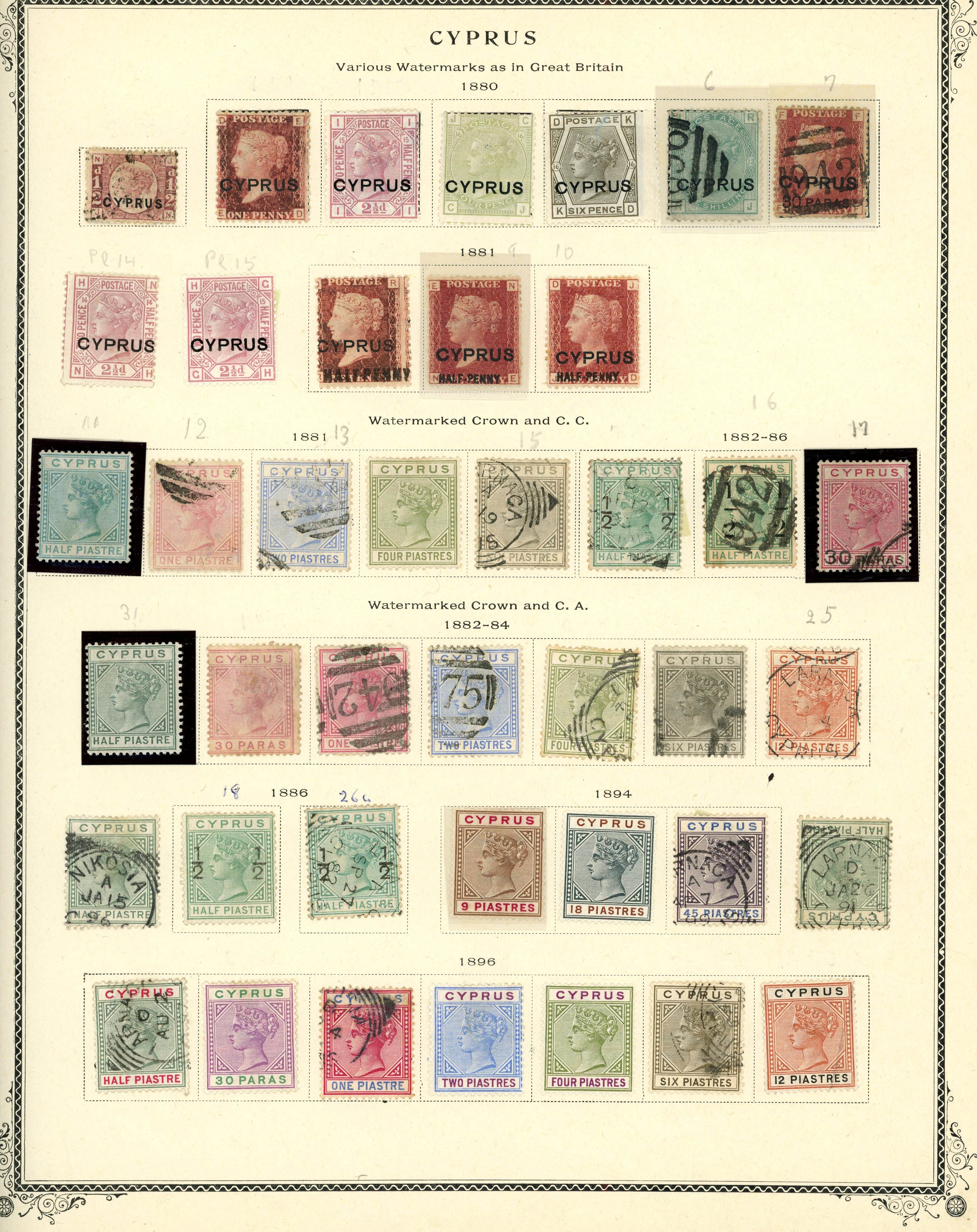 CYPRUS: 1880-1960 mixed mint and used collection on album leaves, including mint 1880 to 6d, 1881 ½d on 1d 