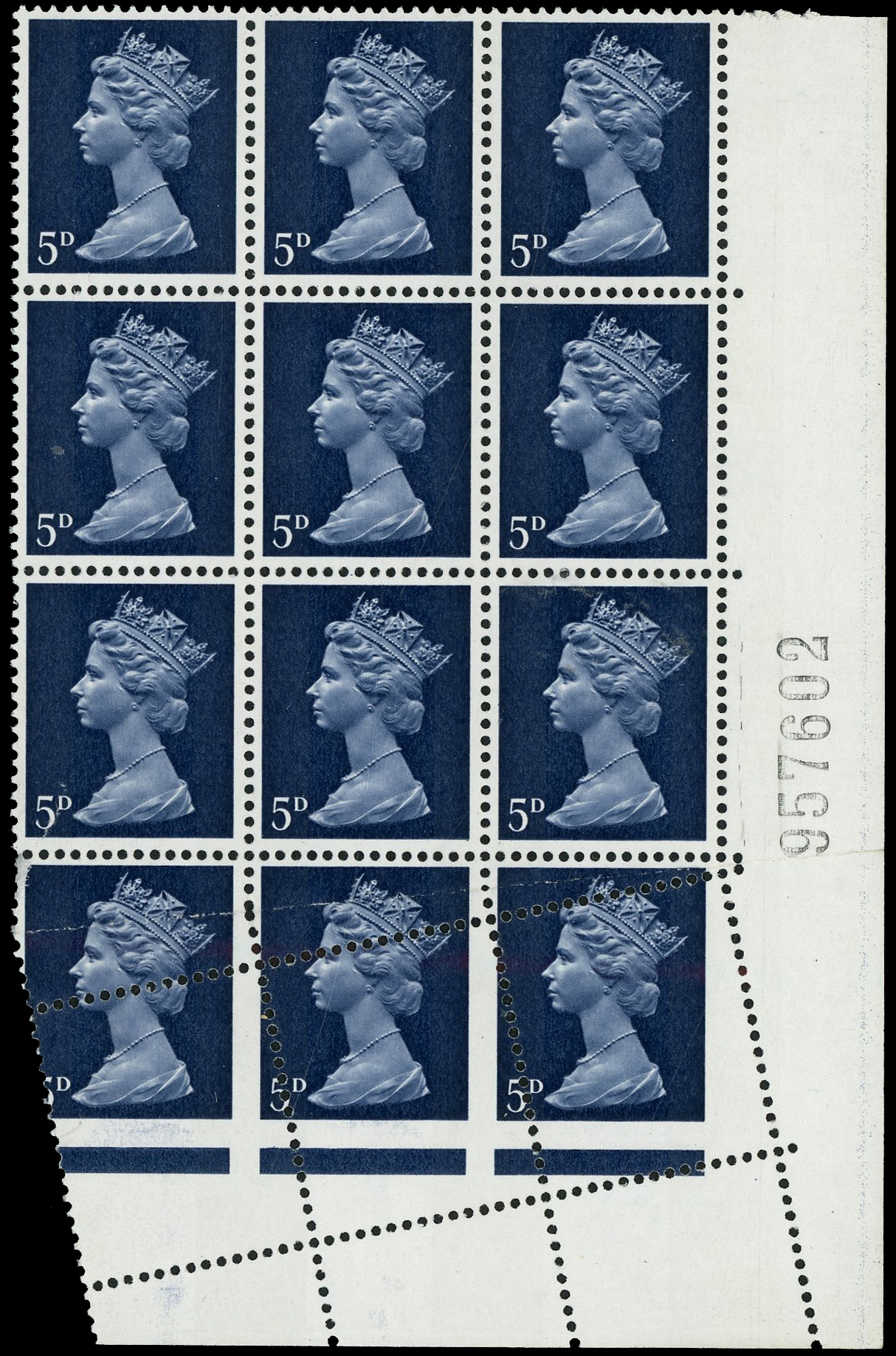 GB: 1968 5d Royal blue l/r corner marginal block of 12 (3x4) with pre-perforation paper fold 