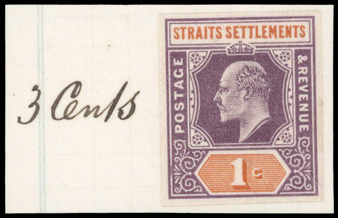 Straits Settlements 1902 KEVII 1c colour trial in dull purple and orange